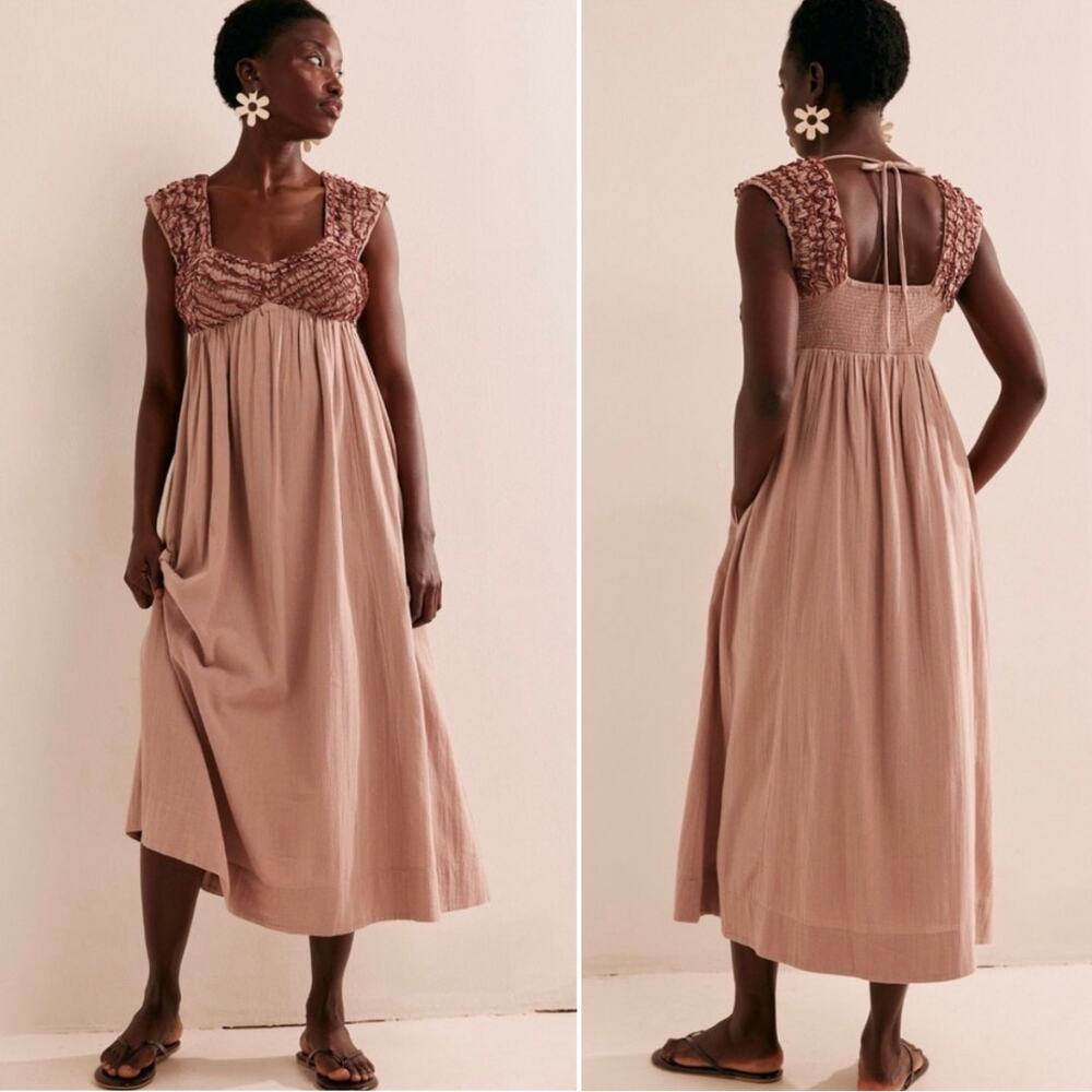 NEW Free People Babydoll Dress Feel The Frill Cotton‎ Tan Midi Dress Size S
